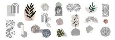 Yüzyılın ortalarında geometrik denge şekilli soyut çağdaş estetik tasarım seti. Estetik çağdaş çizgi sanatı, toprak tonunda suluboya geometrik şekiller. Vektör illüstrasyonu