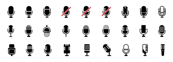 Mikrofon simgesi ayarlandı. Farklı mikrofon koleksiyonu. Podcast mikrofonu, gazeteci mikrofonu, karaoke, konferans. Vektör illüstrasyonu