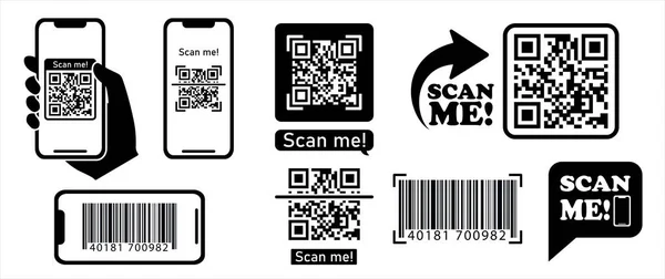 Telefonlu QR kod düz simgesini tara. QR kod taraması akıllı telefondan temel adımlar, cevap kodu. Beni tara, barkod işareti. Vektör illüstrasyonu