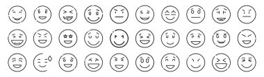 Duygular ayarlandı. Emoji 'nin yüzü koleksiyonu. Farklı duygulara sahip Emoji, mutlu, üzgün, gülen surat.