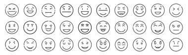 Duygular ayarlandı. Emoji 'nin yüzü koleksiyonu. Farklı duygulara sahip Emoji, mutlu, üzgün, gülen surat.