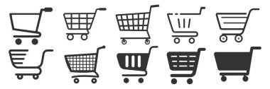 Alışveriş arabası simgesi saydamda izole edildi. Trolley ve market sepeti. Alışveriş arabası simgesi seti, E-ticaret ve perakende satış tarzı