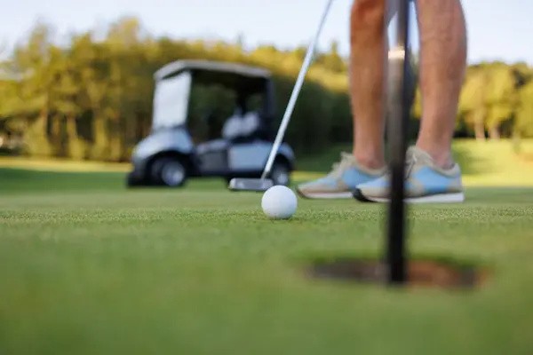 Leisurely Golf: Man, Cart, and Course Hole