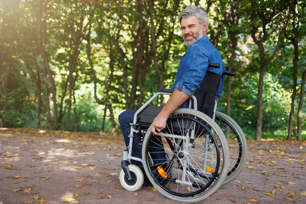 Nature Haven Człowiek Wózku Inwalidzkim Moczący Się Atmosferze Parku — Zdjęcie stockowe
