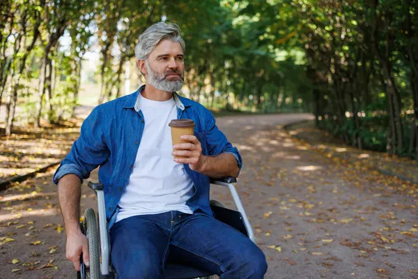 Enjoying Nature\'s Beauty: Wheelchair User in Park with Coffee