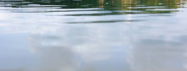 Gökyüzü ve ağaçların yansımalarıyla sakin göl suyu