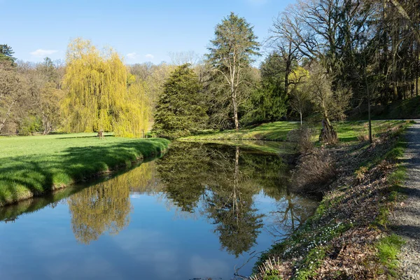 stock image spring landscape with view of lake and trees around. Reflection in water