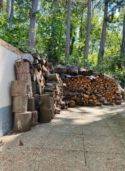 家の庭にあった薪 部屋を暖房するために外の薪の積み重ねを貯える — ストック写真