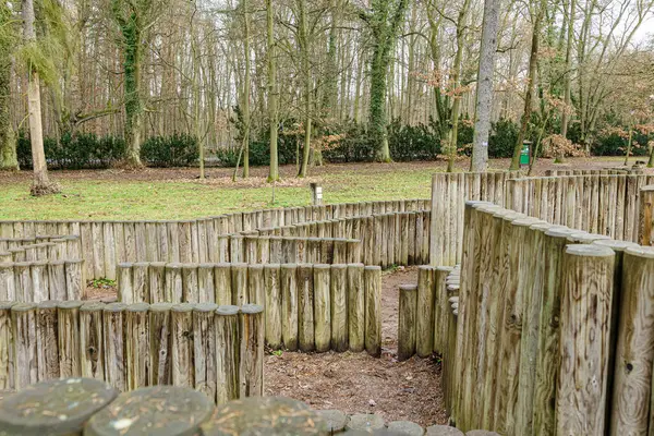 Bir bahar günü çimenlikteki ağaçların arasındaki ahşap labirentin genel manzarası