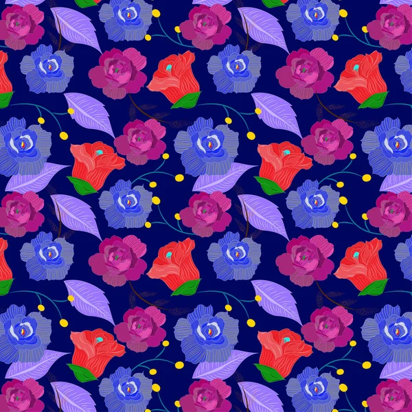 Kusursuz kırmızı salsa sosu, barbi pembesi, eyalet mavisi güller ve lavanta mavisi yapraklar gece mavisi arka planda. tekstil tasarımı, duvar kağıdı, kumaş baskısı, iç dekorasyon.