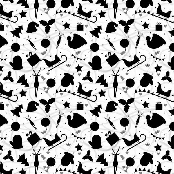 Siyah renkli Noel Baba şapkası, el parıltısı, yıldız, yaprak, hediye kutusu, xmas ağacı, ahşap araba, ren geyiği süsleme topu ve flaması, kalpler, beyaz arka planda yapraklar. tekstil tasarımı, poster.