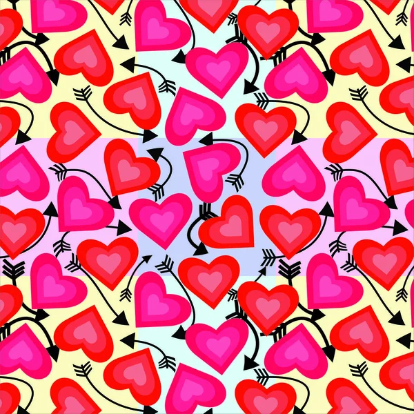 Seamless pattern of brink and parodies pink, red crayola, light coral, vermilion red cmyk  color heart with black color arrow arranged creatively on light periwinkle, mimi pink background. textile art