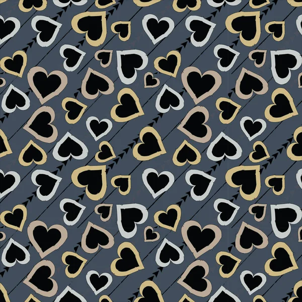 Seamless pattern of ecru, khaki, silver color heart shape with black color arrows creatively arranged on charcoal background. valentine day pattern, textile design, wallpaper, poster, greeting card.