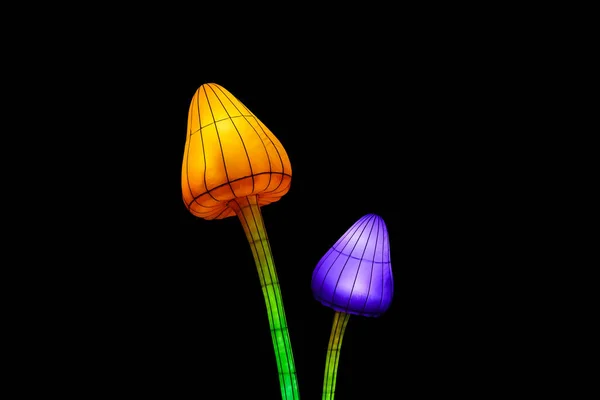 View of a light installation of fairy mushrooms isolated on a black background. Paper figurines of psychedelic Mushrooms that glow in the dark.