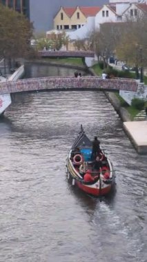 Aveiro, Portekiz - 14.11.2022: Aveiro Moliceiro turistik tur teknesi Ria de Aveiro kentsel su kanalını turistlerle birlikte geçiyor, Portekiz. Aveiro 'daki turist botu hakkında tam çözünürlüklü video