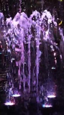 Renkli su fıskiyesi dans gösterisine lazer ışığıyla yaklaş. Mor, mavi ve mor renkli fıskiyelerle dans eden fıskiye ağır çekimde HD dikey video çekiyor.