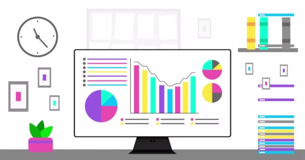 Office Computer Modern Infographics Screen Modern Office Interior Data Statistic — Stock video