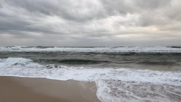 Moving View High Waves Empty Coast Atlantic Ocean Resolution Video — Vídeo de Stock