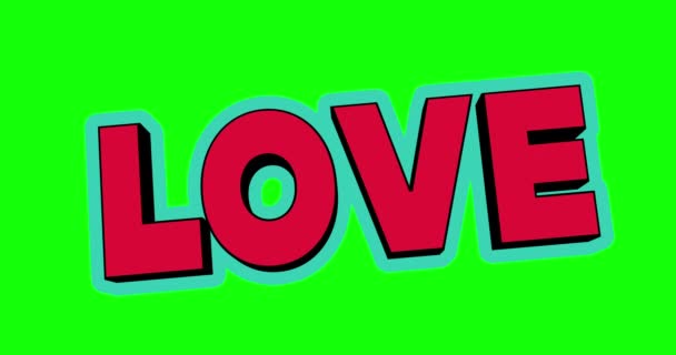 バレンタインデー流行のヒップスター3D方法で画面上のラブカード運動テキストアニメーション 緑の背景に隔離されたラブレタリングモーションデザイン — ストック動画