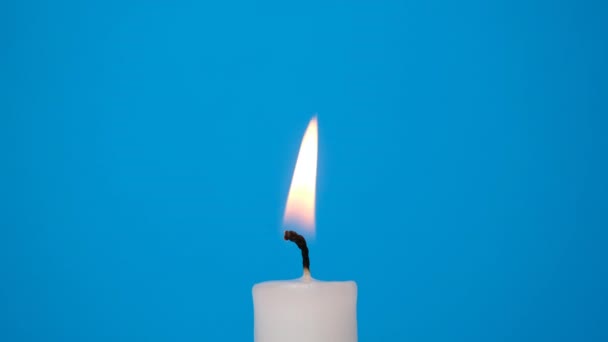 White Candle Burning Blue Background Candle Blown Out Beautiful Smoke — Stock video