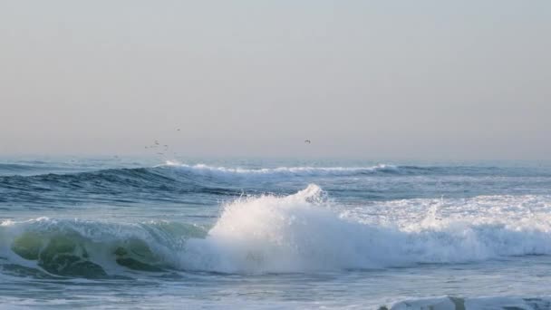Zavřít Pohled Vysoké Vlny Prázdném Pobřeží Atlantského Oceánu Zpomalit Full — Stock video