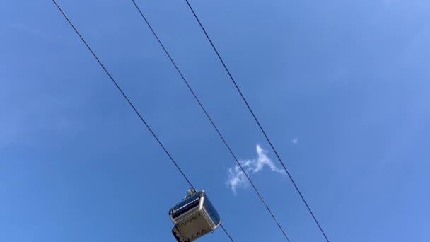 Bottom View Two Funicular Cars Moving Directions Clear Blue Sky — Stok video