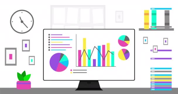 Office Computer Modern Infographics Screen Modern Office Interior Data Statistic — Stockvideo