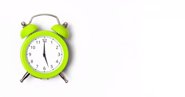 Animation Clock Hands Lime Green Metal Alarm Clock Isolated White — Vídeo de Stock