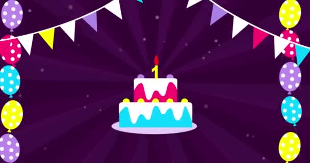 Bright Birthday Party Banner Animation Garland Flags Cake Balloons One — Stockvideo