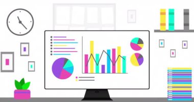 Office computer with modern Infographics on screen. Modern Office interior and data or statistic animation. 4K resolution animation. Office setup close up