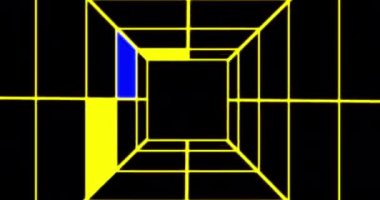 Abstract space futuristic 3D corridor or tunnel on black background. Yellow and blue neon light background with glowing gradient grid, showing forward direction. 4K resolution animation.