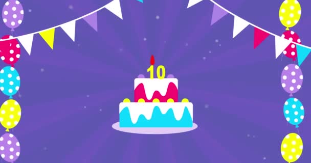 Bright Birthday Party Banner Animation Garland Flags Cake Balloons Ten — Vídeo de Stock
