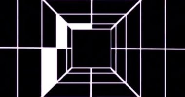 Soyut uzay fütüristik 3 boyutlu koridor ya da siyah arka plandaki tünel. Beyaz neon ışıklı arka plan, parlayan gradyan ızgarası, ileri yönü gösteriyor. 4K çözünürlük canlandırması.