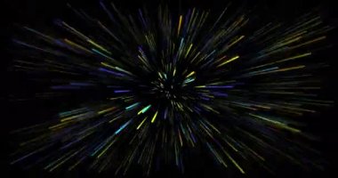 Soyut yaratıcı hız arkaplanı. Mavi, sarı ve beyaz ışık hızı, hareket halindeki neon ışınlar. 4k çözünürlük uzay canlandırması.