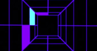 Soyut uzay fütüristik 3 boyutlu koridor ya da siyah arka plandaki tünel. Mavi ve mor neon ışıklı arka plan, parlayan gradyan ızgarası, ileri yönünü gösteriyor. 4K çözünürlük canlandırması.