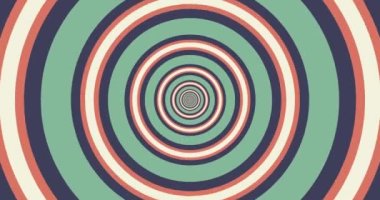 Çemberlerin optik yanılsamasından uçarak soyut bir tünel oluşturuyorlar. Yeşil, turuncu ve mavi tayf. Modern renkli 4k dikişsiz döngü animasyonu