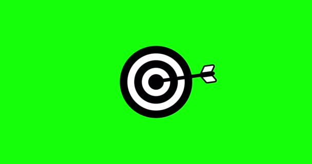 在绿色背景上以箭头简单的循环动画击中目标或目的 用箭头瞄准目标 飞镖或目标策略 圆形按钮中的黄色 蓝色和紫色图标 — 图库视频影像