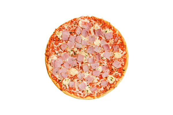 Smaczna Okrągła Pizza Mięsna Izolowana Białym Widok Pizzę Mięsem Serem — Zdjęcie stockowe