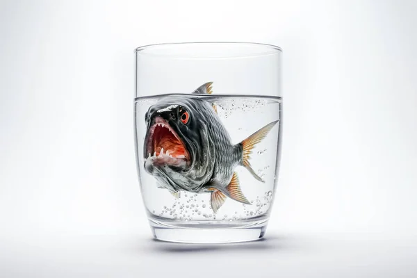 Piranha in a glass of water isolated on white background. A scary fish with huge teeth in its mouth in a glass of water.