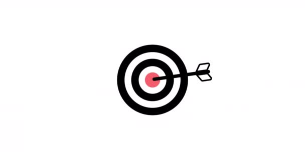 在白色背景上以箭头简单的循环动画击中目标或目的 用箭头瞄准目标 飞镖或目标策略 圆形按钮中的黄色 蓝色和紫色图标 — 图库视频影像