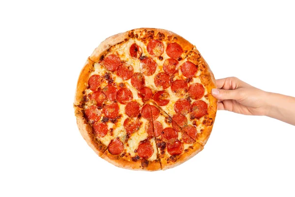 Ele Tutuşmak Beyaz Üzerine Izole Edilmiş Lezzetli Biberli Pizza Yemek — Stok fotoğraf