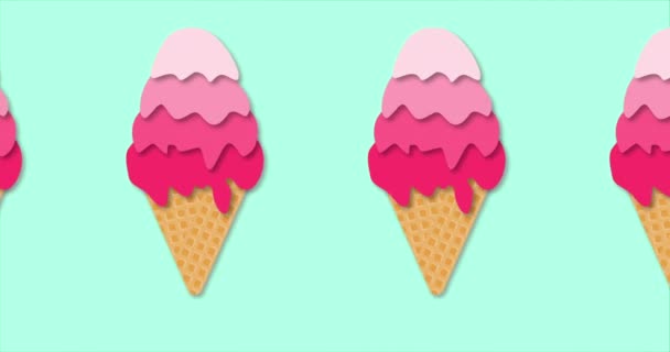 背景动画与冰淇淋 草莓冰淇淋在蓝色的背景上呈锥形 4K解像度夏季甜点循环动画 — 图库视频影像
