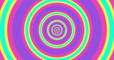 Çemberlerin optik yanılsamasından uçarak soyut bir tünel oluşturuyorlar. Pembe, yeşil ve mor tayf. Modern renkli 4k dikişsiz döngü animasyonu.