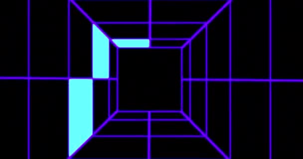 Абстрактный Космический Футуристический Коридор Туннель Черном Фоне Синий Фиолетовый Неоновый — стоковое видео