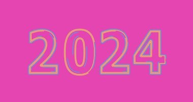 Mavi ve sarı parmaklar 2024 yeni yıl tasarımı ve neon parıltısı. Soyut kozmik canlı renk arkaplanı. Parlayan neon ışıkları. Mutlu yıllar 2024. Gelecekçi biçim döngü görüntüleri.