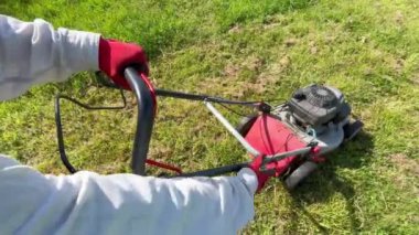 Veiros, Portekiz - 11.05.2023: Bir bahçıvan çimleri eski bir benzin çim biçme makinesiyle biçiyor. Bir çim biçme makinesi uzun, parlak yeşil çimenleri keser.