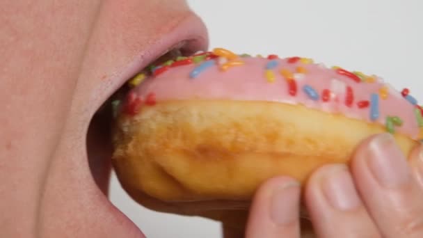 Close View Girl Woman Happily Eating Donut Female Eats Doughnut — Stock Video