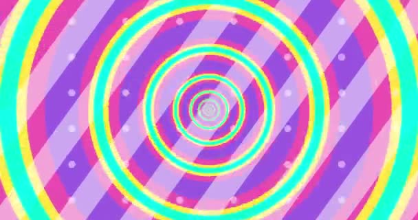 抽象的なトンネルを作る円の光の幻想を飛んでいます ピンク 紫のスペクトル 現代カラフルな4Kシームレスループアニメーション — ストック動画