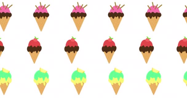 Κινούμενα Σχέδια Του Φόντου Παγωτό Καλοκαιρινά Χωνάκια Παγωτού Κινούνται Λευκό — Αρχείο Βίντεο
