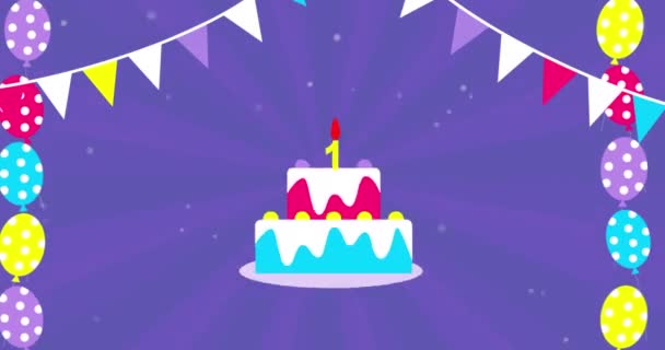 ケーキ 風船でガーランドと明るい誕生日パーティーバナーアニメーション 1年の誕生日おめでとうアニメーション 4K解像度 — ストック動画